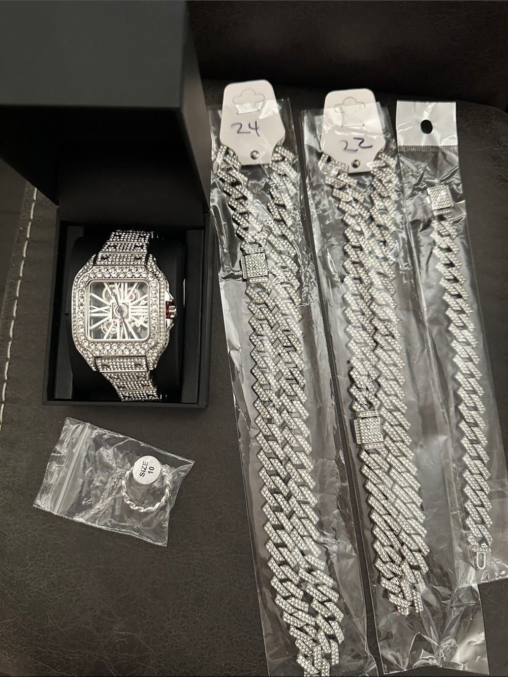 Iced-Out Square skeleton watch with 2 Cuban necklace/1 bracelet
